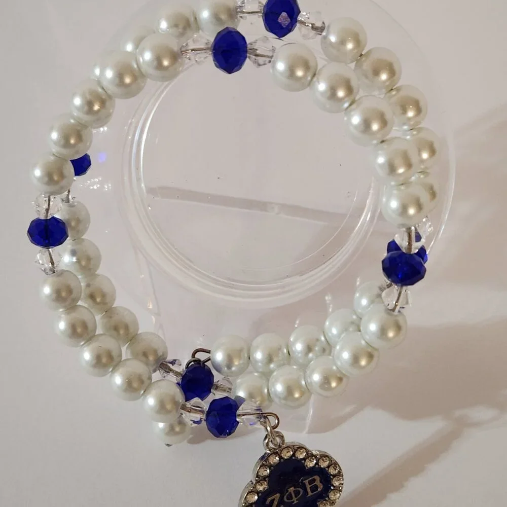 Handcrafted Zeta Phi Beta Charm Wrap Memory Wire Pearl Bracelet